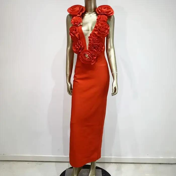 Robe moulante sexy en dentelle rouge 3D à manches longues pour femmes, robe de soirée élégante pour