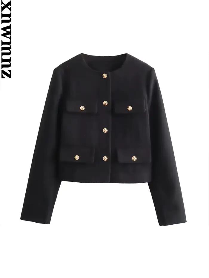 XNWMNZ-Veste courte vintage à col rond pour femme avec poche à rabat, blazer femme polyvalent, manch