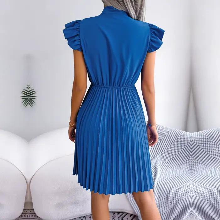 Ficusrong femmes printemps été élégant à lacets taille haute grande robe plissée pour dames col à nœ