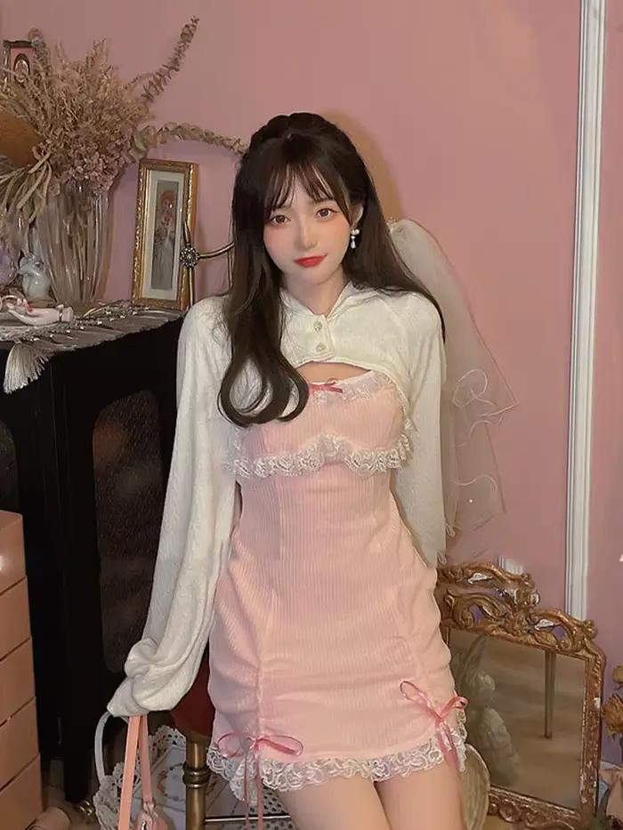 Robe Lolita en dentelle pour femmes, mini robes japonaises, nœud doux, rose Kawaii, fête féminine, p