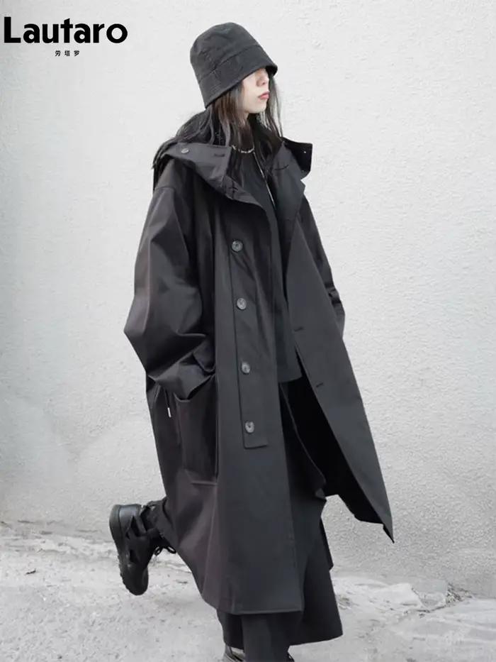 Lautaro-Manteau Long Respirant Noir avec Capuche pour Femme, Vêtements de Créateur de Luxe, Dark Aca