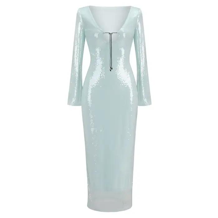 Robe de soirée sexy à sequins pour femmes, col en V, manches à clapet, jupe avec ourlet fendu, boîte