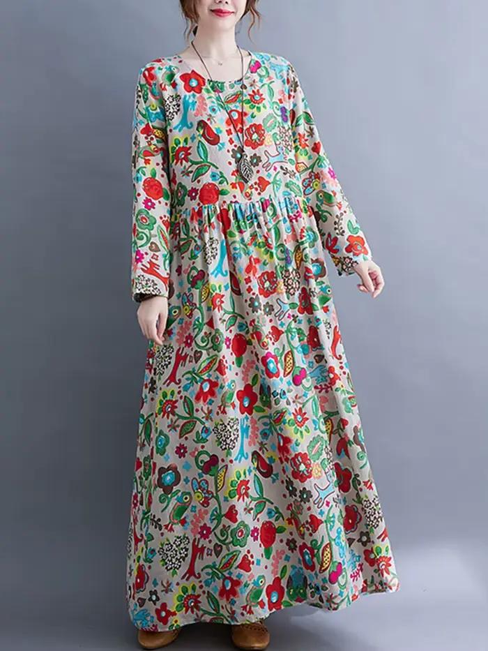 Robe Longue Femme en Coton Imprimé Floral Vintage à Manches Longues Printemps Automne 2026 – Décontr