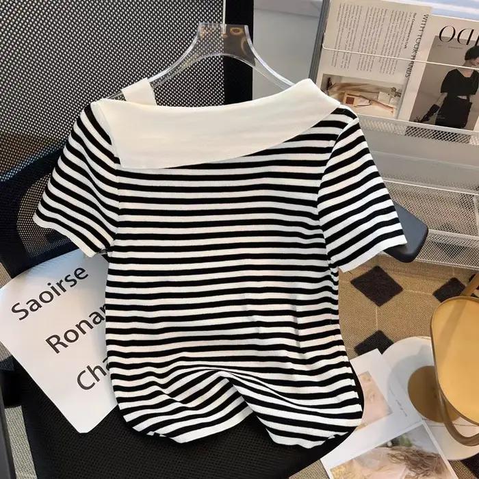 Été Sexy pull femmes tricot t-shirts hauts mode rayé élégant Chic t-shirts pull à manches courtes pu