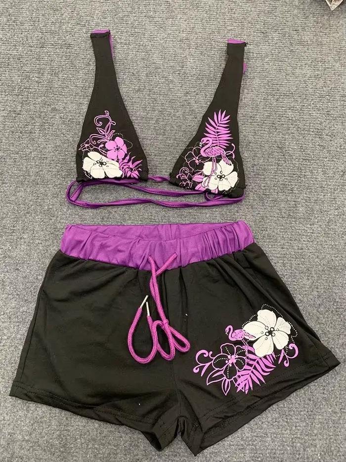 Été plage Ins mode chaude Sexy dames fendu deux pièces Bikini beau Vintage contraste fleur imprimé s