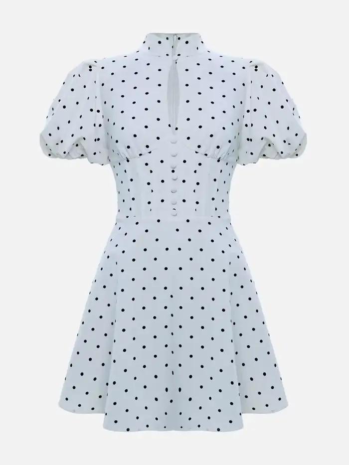 Robe Courte Rétro à Pois Coupe Trapèze pour Femme, Élégante, Col Montant, Manches Courtes Bouffantes