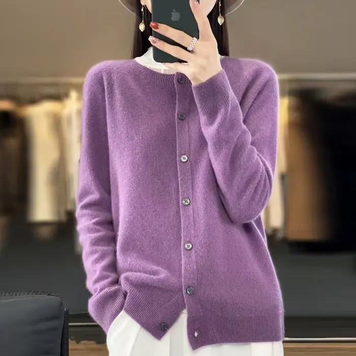 Femmes 100% laine mérinos pull automne hiver col rond première ligne sans couture Cardigan à manches