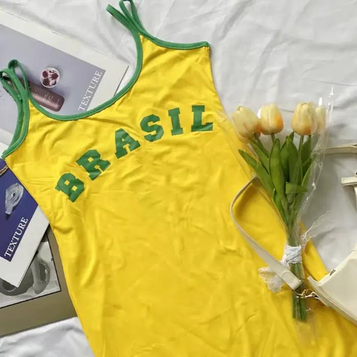 BRASCanon-Mini robe jaune imprimée avec lettres pour femme, tenue de soirée sexy, streetwear, décont