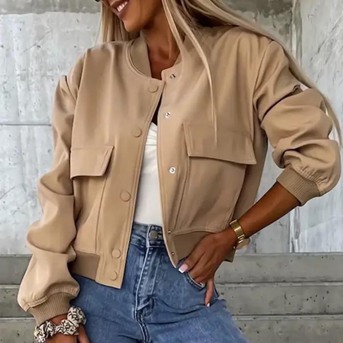 Veste Courte à Poches et Col Rond pour Femme, Manteau à Manches sulf, Décontracté, à Simple Boutonna