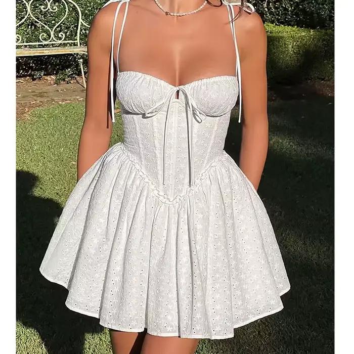 YENKYE-Mini robe à bretelles jaunes brodées évidées pour femmes, robes de soirée bandage à lacets ta