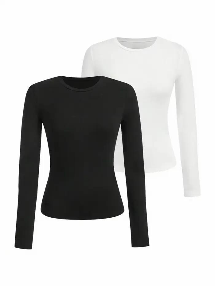 T-shirt femme manches longues couleur unie - Tissu tricoté polyester, col rond, coupe régulière, sty