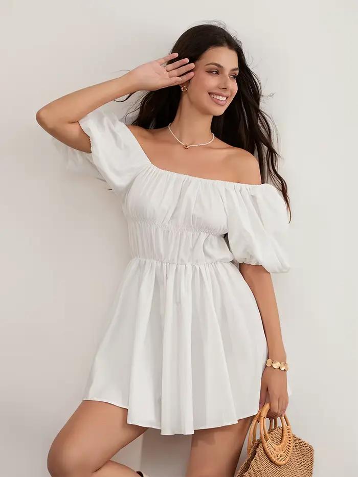 Robe d'été décontractée à manches courtes bouffantes pour femmes, tunique à épaules dénudées, mode s