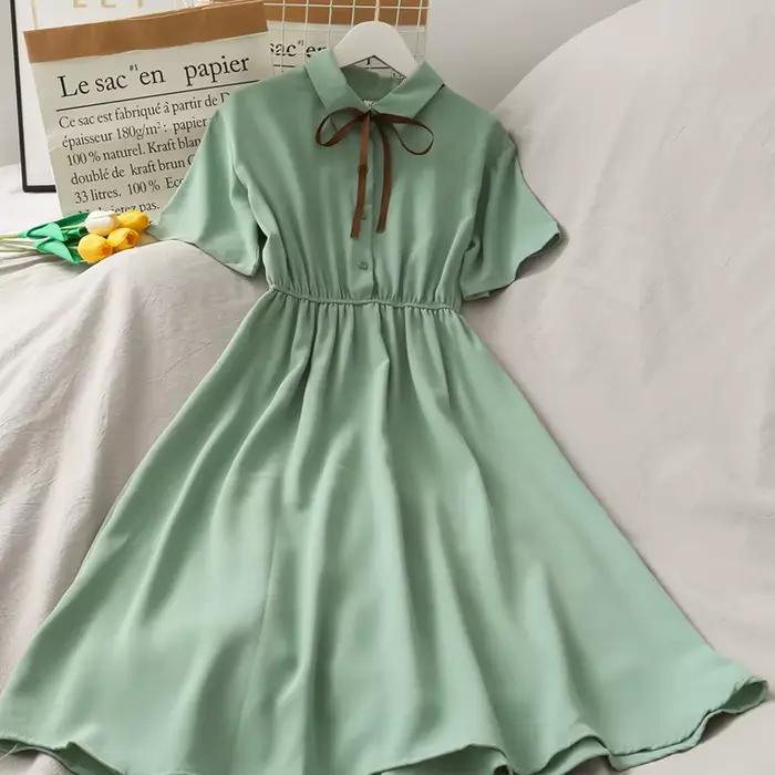 Robe en mousseline de soie avec nœud pour femme, monochromatique, taille haute, col rabattu, style p