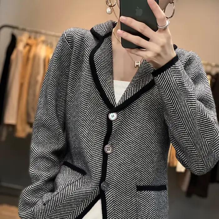 Automne hiver femmes pur cachemire laine costume manteau pull décontracté tricoté col sur mesure Car
