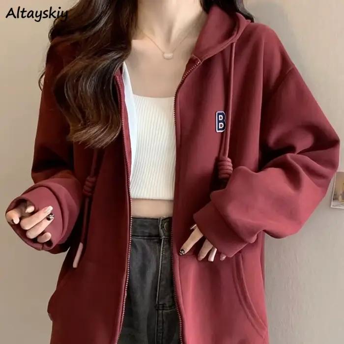 Sweat à Capuche Bordeaux pour Femme, Mode Vintage, Style Coréen, Fermeture Éclair, Assressenti, Brod