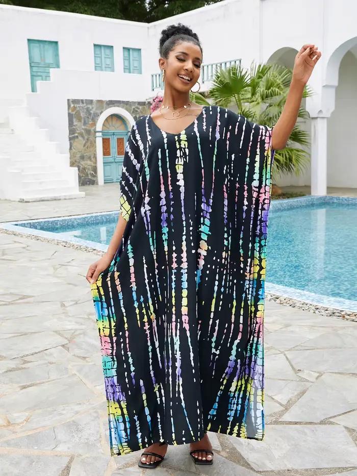 2025 bohème imprimé col en v manches chauve-souris côté fendu robe ample pour les femmes vêtements g