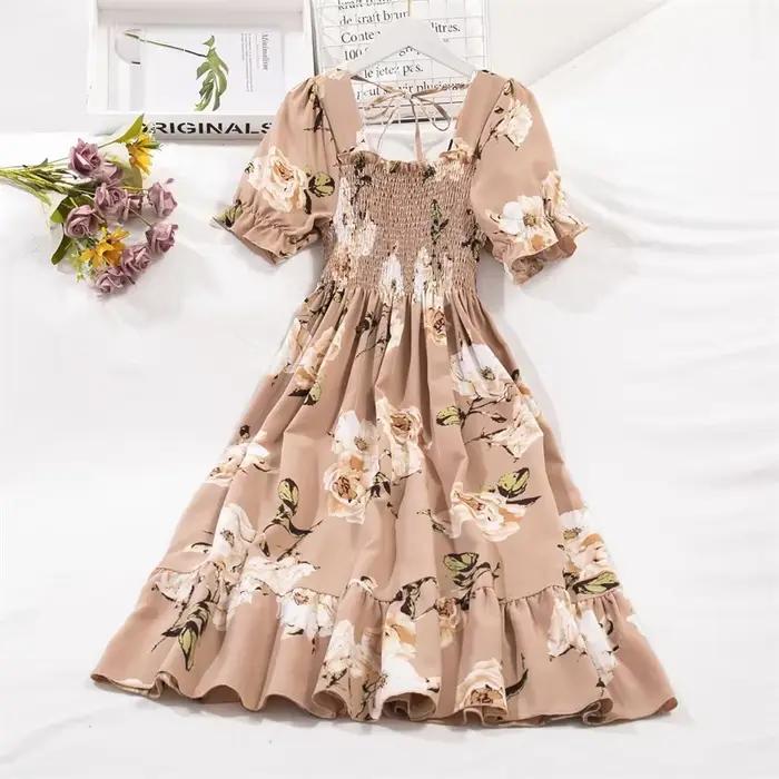 Printemps été robes en mousseline de soie mode femme taille élastique à manches courtes plissée tenu