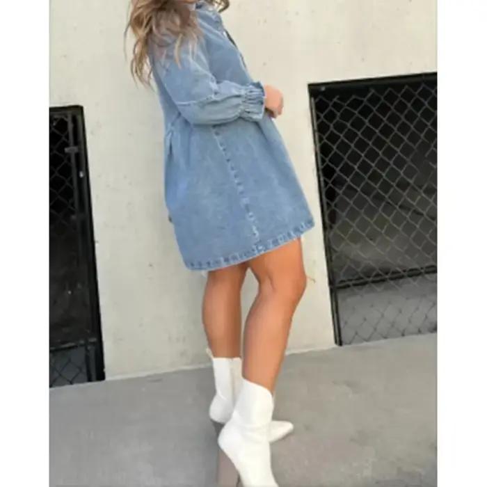 Robe chemise en jean pour femme, col rabattu, manches lanterne, simple boutonnage, ligne A, robe édu