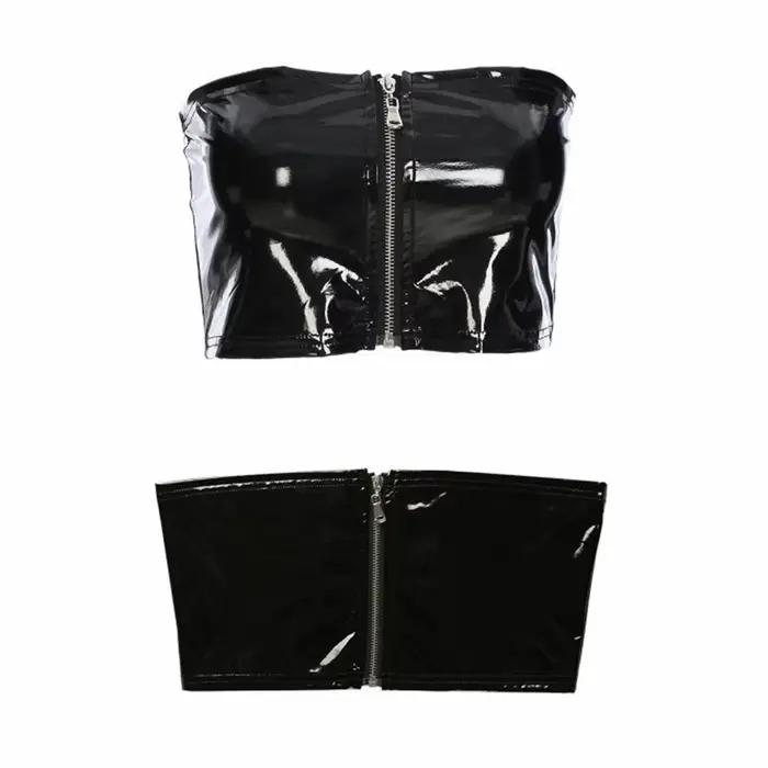 Débardeur court sexy en similicuir PU noir brillant avec fermeture éclair, style bandeau, bustier, b