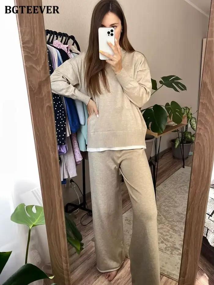 BGTEEVER-Ensemble 2 pièces décontracté pour femme, pulls patchwork, manches longues, jambe large, fj