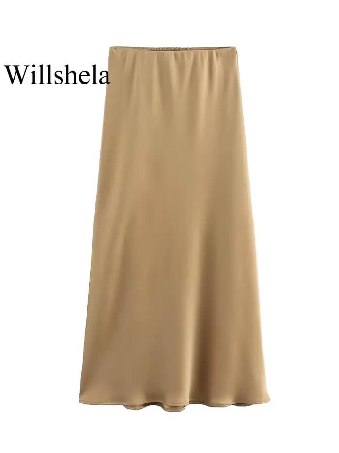 Willshela femmes mode Satin solide plissé jupe Midi Vintage taille mi élastique femme Chic dame jupe