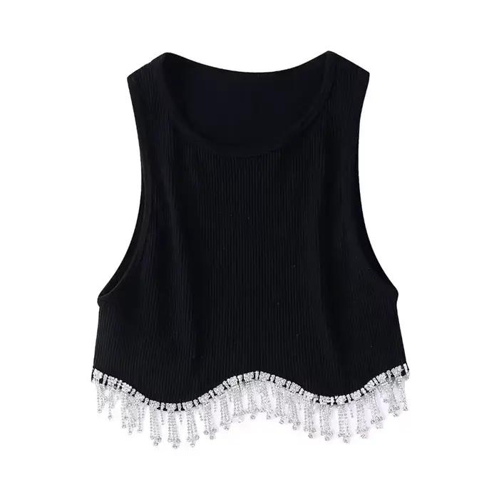 T-shirt à tricoter en perles de diamant pour femmes, débardeurs courts Chic Camis, gilet mince, haut