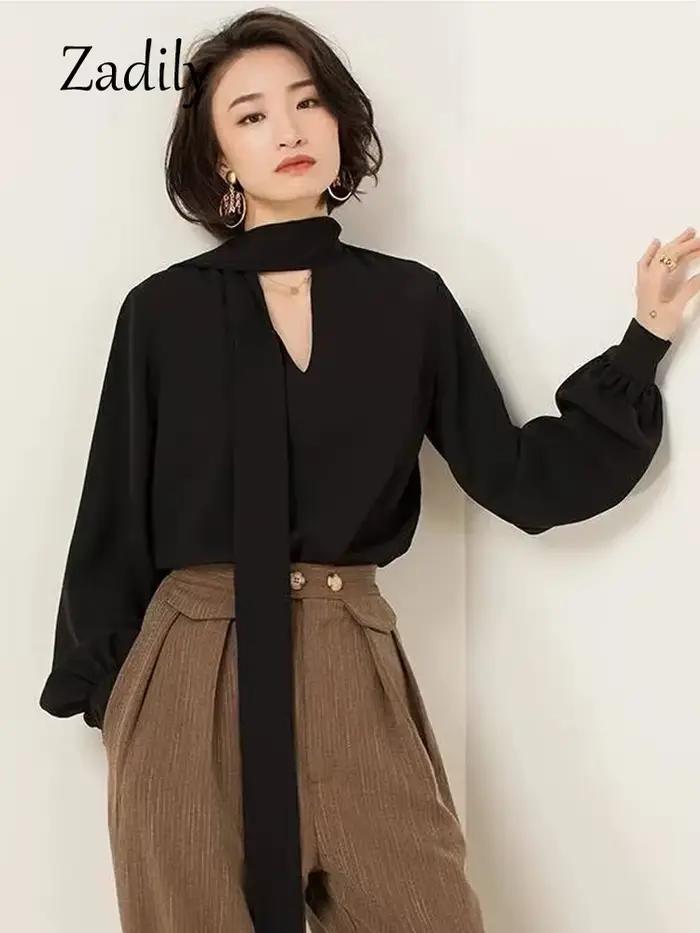Dignily-Chemisier noir en mousseline de soie pour femme, chemise à manches longues, col en V, vêteme