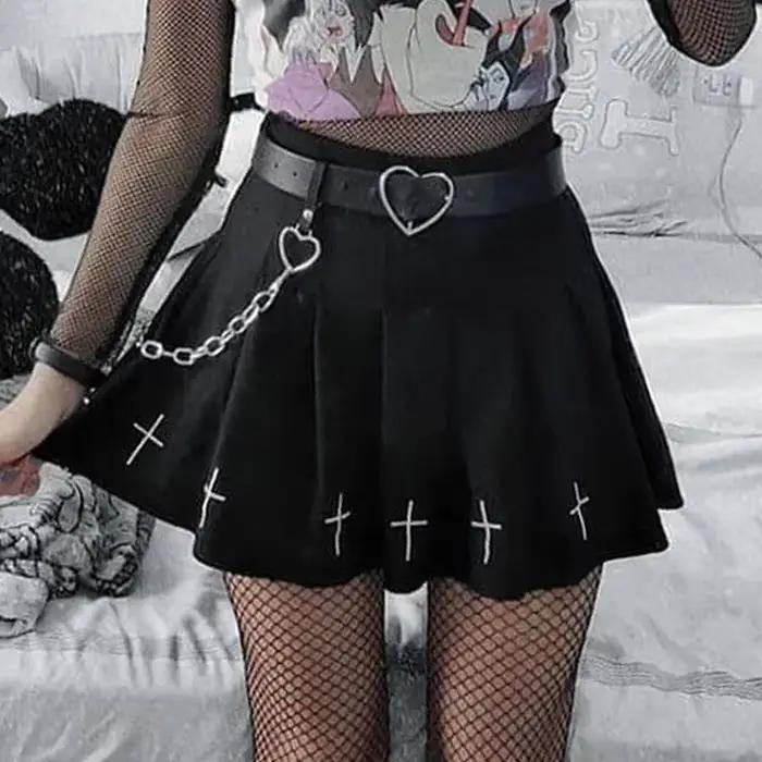 Mini jupes noires taille haute Punk plissée, Vintage, gothique, Streetwear, imprimé croisé, jupes pl