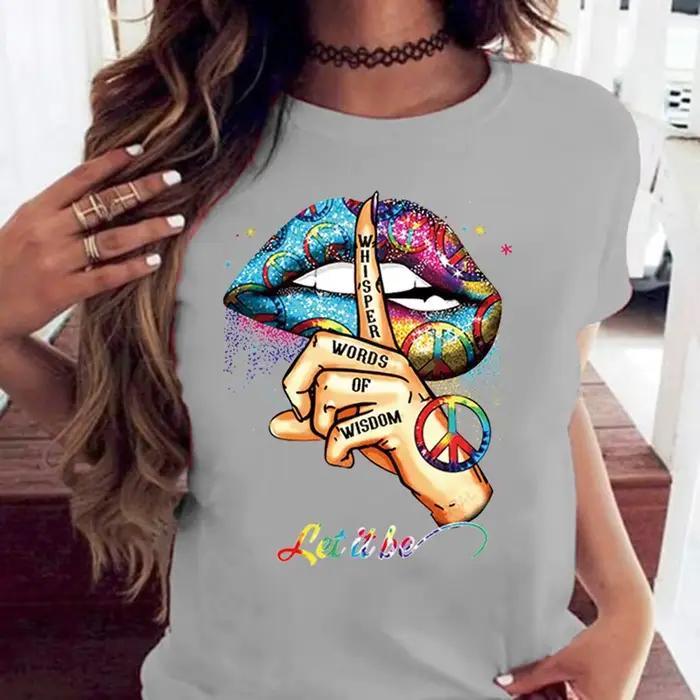100% coton ample col rond bouche créative à manches courtes T-shirt femme surdimensionné T-shirt hau