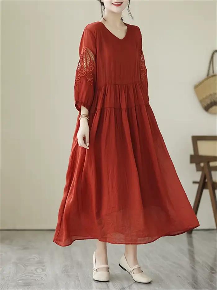 Robes d'été vintage de couleur unie pour femmes 2026 – Robe longue décontractée et respirante, éléga