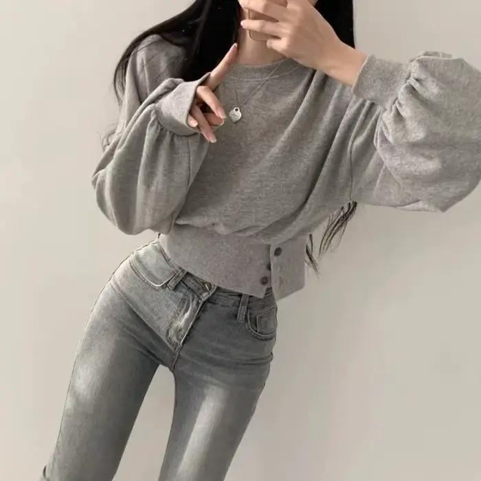PVD-Ulzzang Buttons Design Baggy pour femme, Crop, Sports, Loisirs, Automne, Jeune rue, Esthétique,