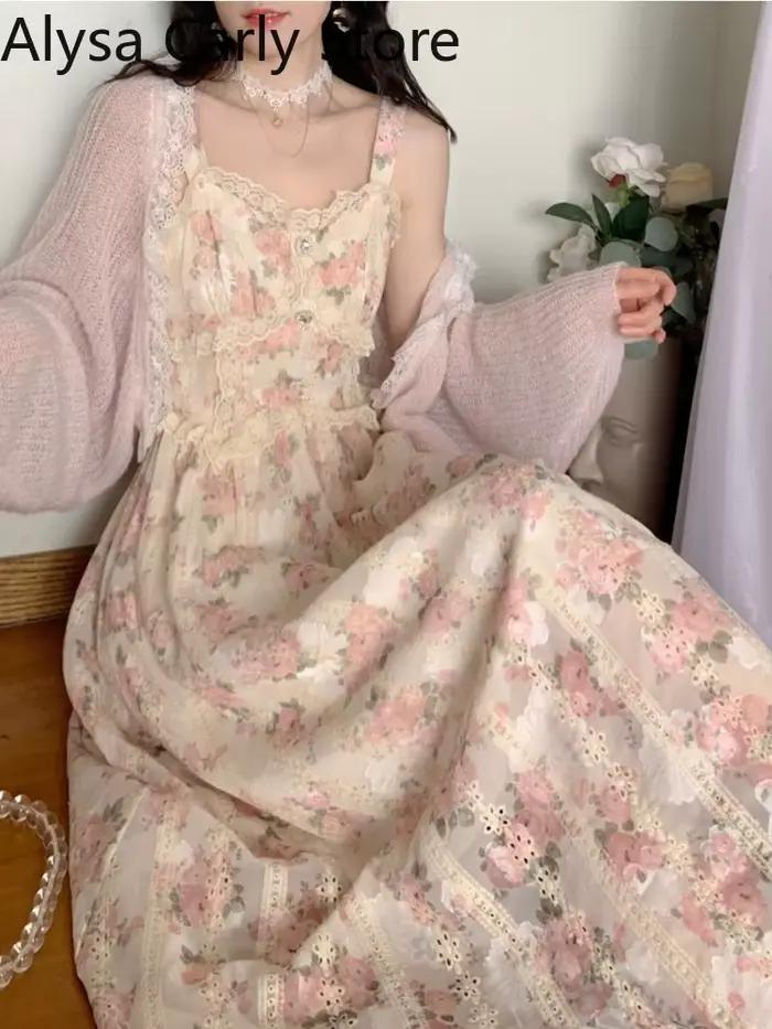 Robe longue en mousseline de soie et dentelle pour femmes, broderie florale, nickel é, vintage, douc