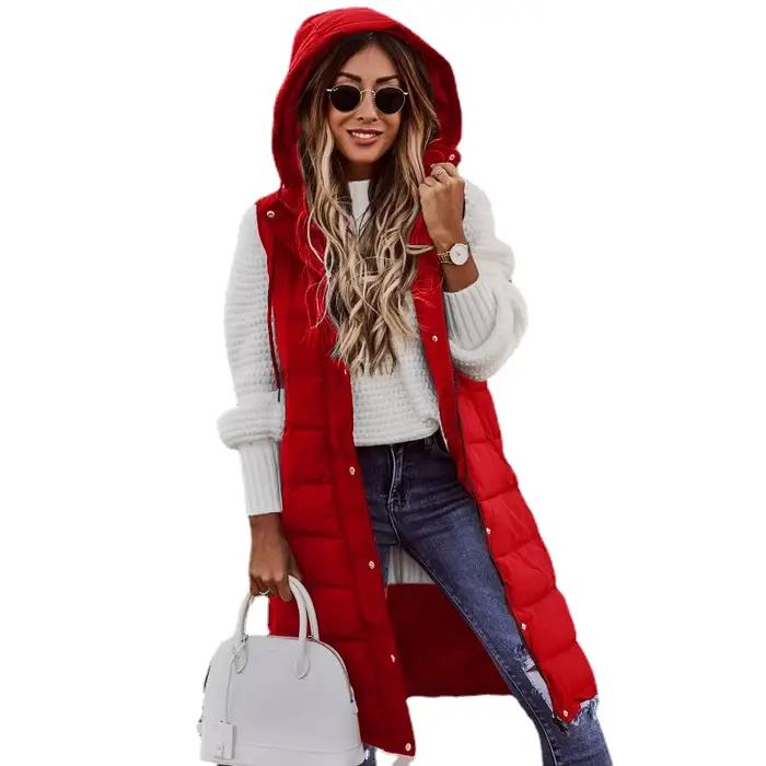 Femmes manteau Long gilet avec capuche automne hiver sans manches chaud coton vers le bas manteau gi