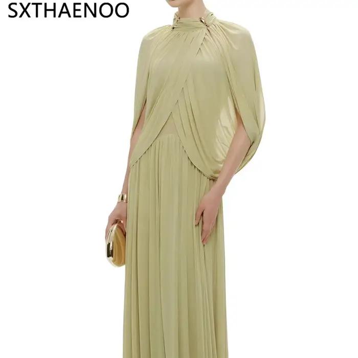 Robe longue plissée en mousseline SXTHAENOO pour femme, élégante, à manches volantées, col roulé, pa