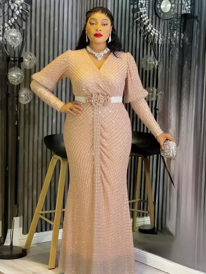 Robes longues élégantes à manches longues pour femmes, robes de soirée de luxe à sequins, robes de m