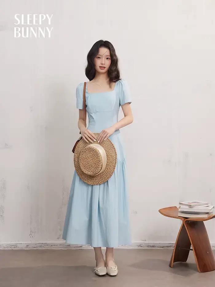 Robe longue française à manches courtes et col carré pour femmes, coupe cintrée, ligne a, Petite tai