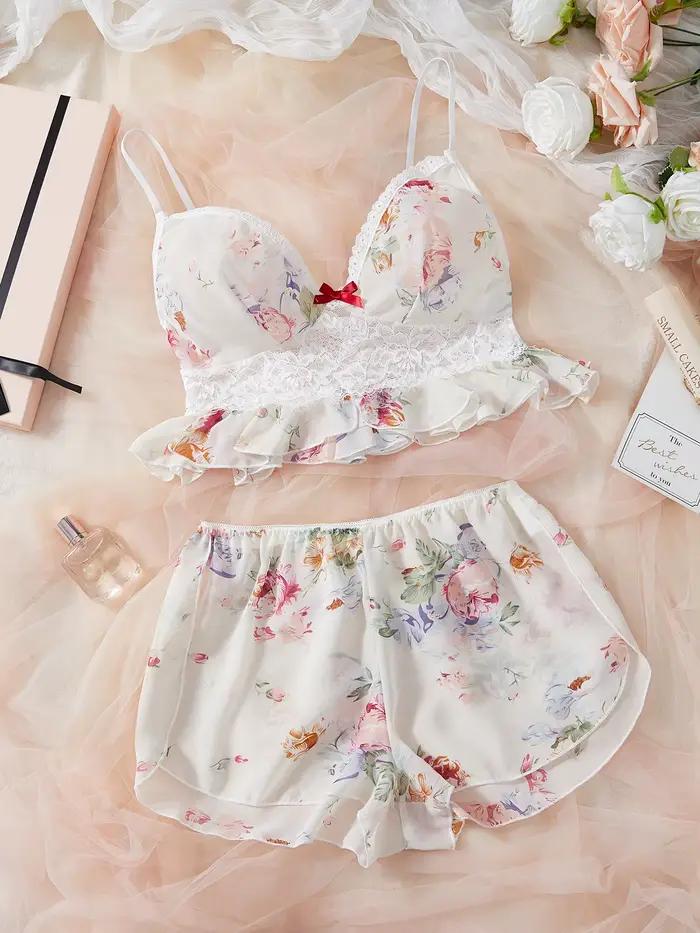 Ensemble de lingerie florale grande taille – Camisole en mousseline de soie avec bordure en dentelle