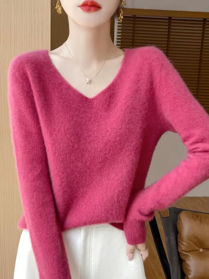 Pull pour femmes 100% laine mérinos col en V pull automne hiver basique chaud pulls à manches longue
