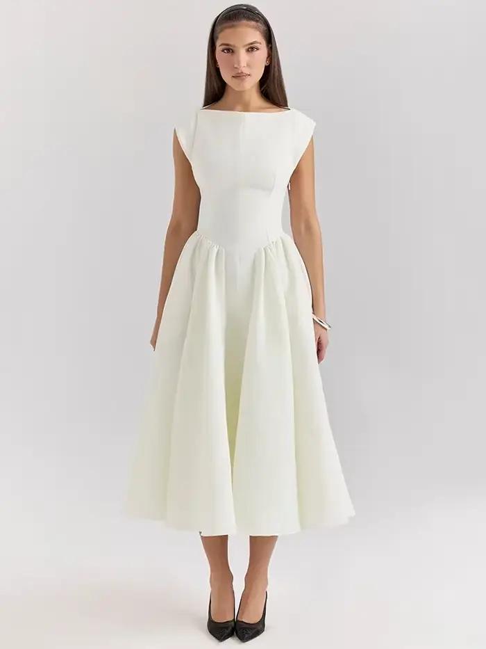 Oligai Robe Longue Crème Femme - Robe Élégante Manches Cape Dos Nu Coupe Cintrée Évasée pour Anniver