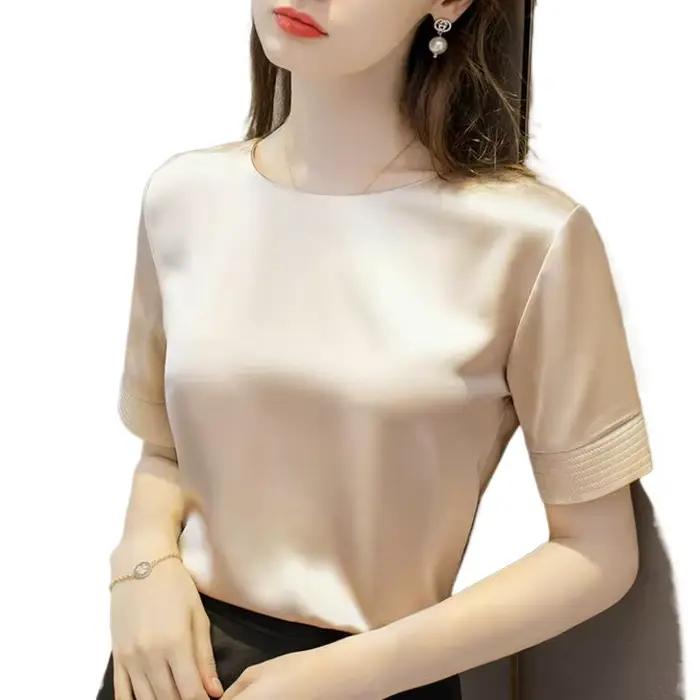 Acétate Satin t-shirts pour femmes de haute qualité dames décontracté élégant soie satin blouse été