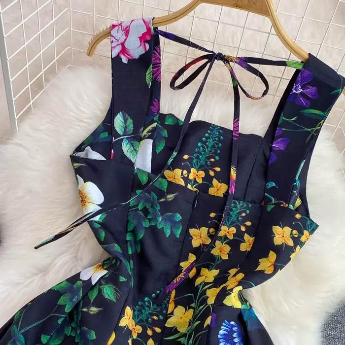 Robe à bretelles spaghetti taille haute vintage pour femmes, col slash, nœud ouvert, dos nu, imprimé