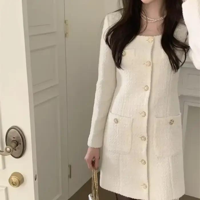 Robe en tweed rétro élégante pour femmes, col carré, manches longues, boutons, poche, mini robes de