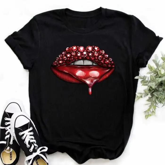 Maycaur femmes diamant lèvre graphique t-shirt mode femme hauts col rond Sexy noir t-shirts drôle dé