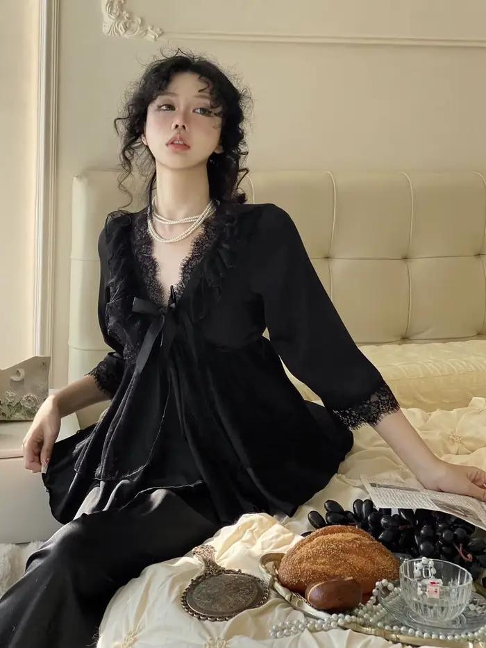 Pyjama princesse Sexy en soie glacée pour femmes, ensemble 2 pièces en dentelle avec nœud papillon,