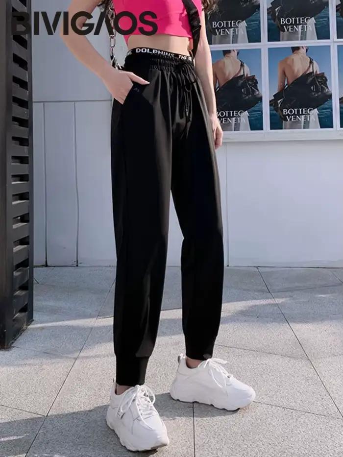 BIVIIncome-Pantalon de survêtement noir décontracté Ice InjSports pour femme, pantalon de jogging, s