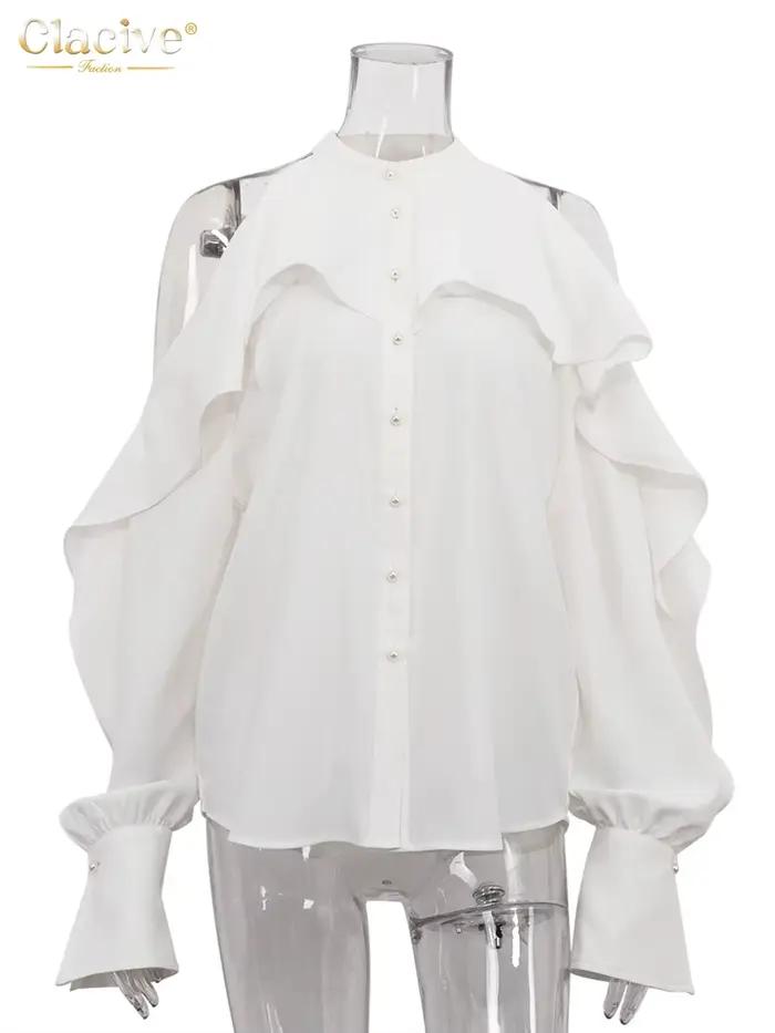 ClacMarkets-Chemise à manches longues à col rond pour femmes, haut à volants classique, vêtements fé