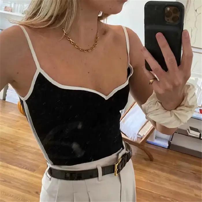 Haut court noir été sexy hauts femmes 2024 spaghetti sangle haut décontracté col en v camis tricot s