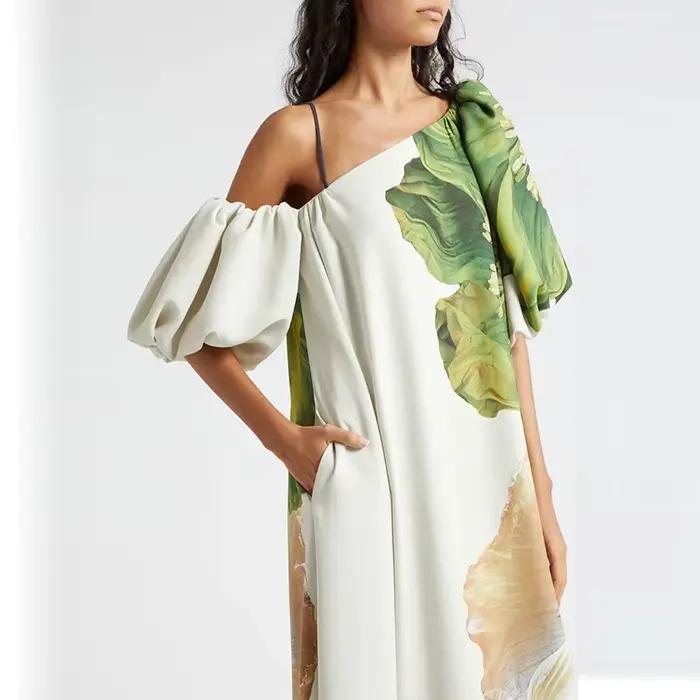 Sexy dame col incliné taille haute Robe Robe plage vacances fleur imprimé tenue décontractée printem