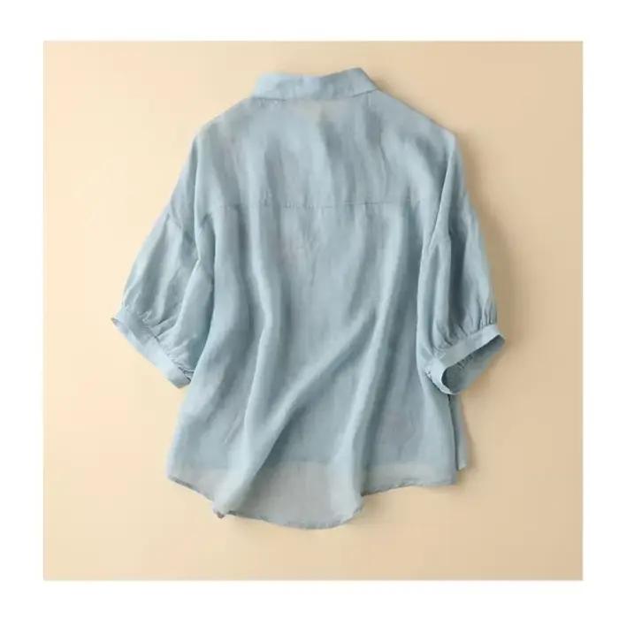 Chemise brodée en lin de coton à sept points pour femmes, haut décontracté à revers, tempérament, ni