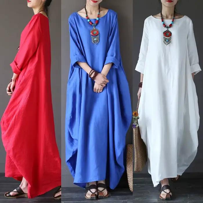 Robe longue en coton et lin pour femmes, mode coréenne, manches longues, col rond, Maxi caftan, Vint